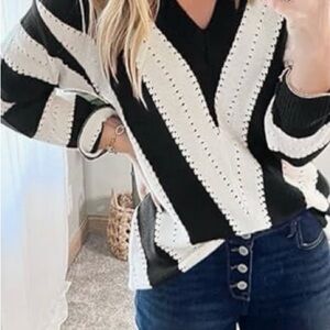 Elegant Black and White V-Neck Sweater